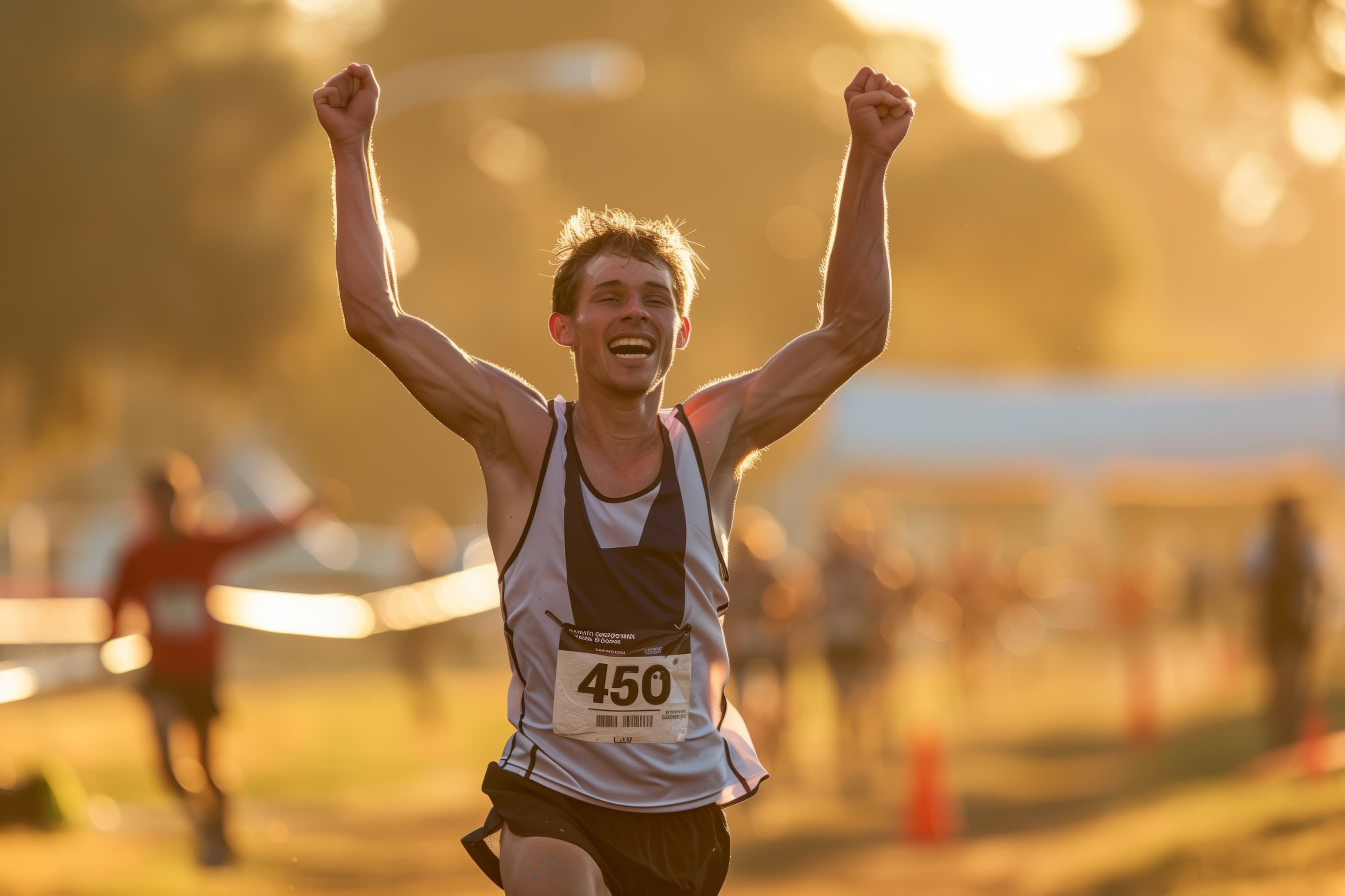 man celebrating as he finishes a running race